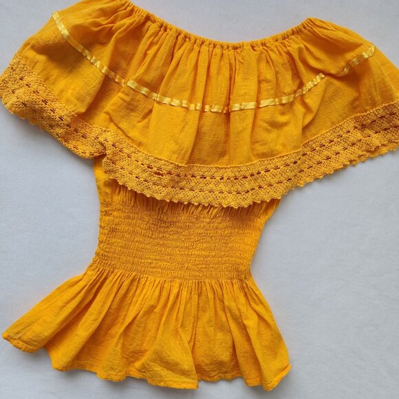 Summer Festival Mexican Yellow Off-Shoulder Top Floral Embroidery Crochet Boho - Picture 6 of 8
